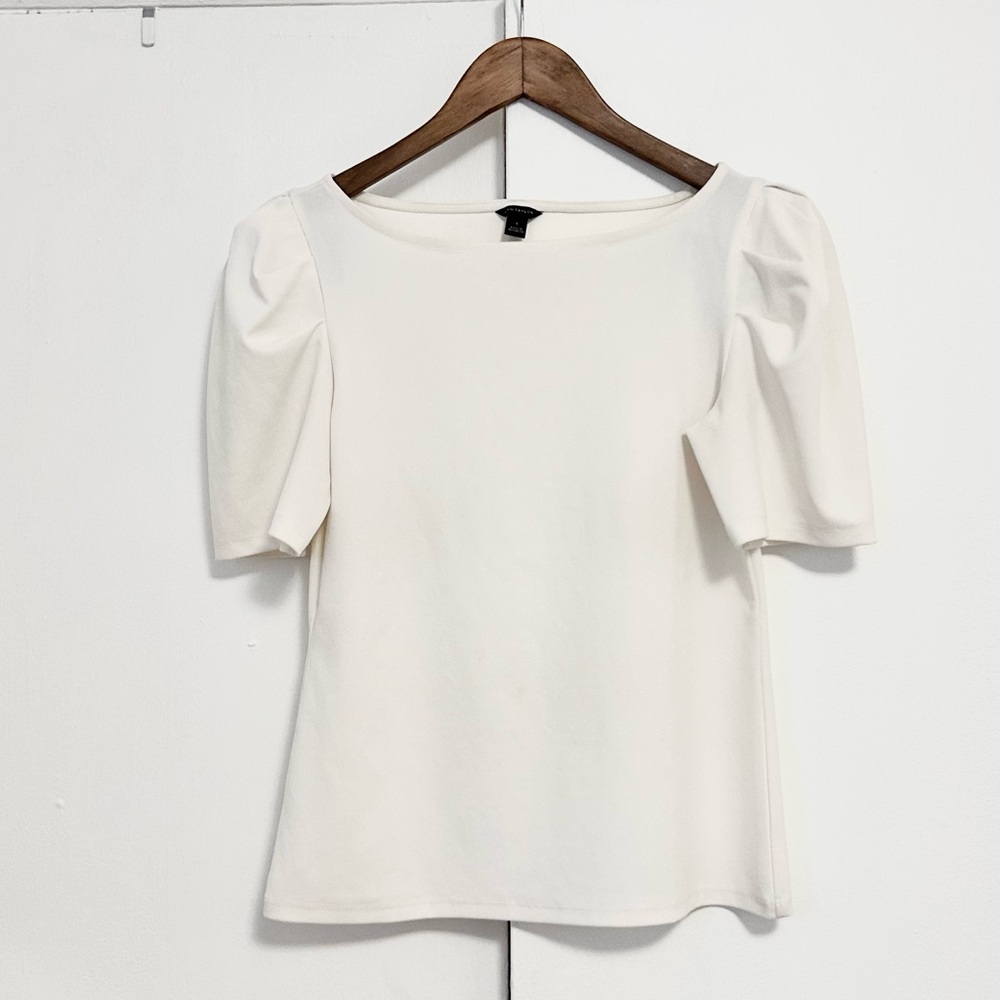 Ann Taylor Puff Sleeve Boatneck Top in Winter White